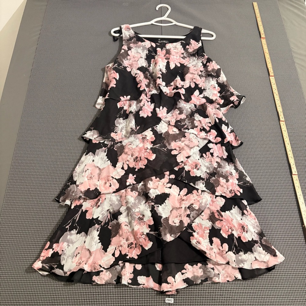 SL Fashions Womens Tiered Floral Sleeveless Dress Black Pink Size 8